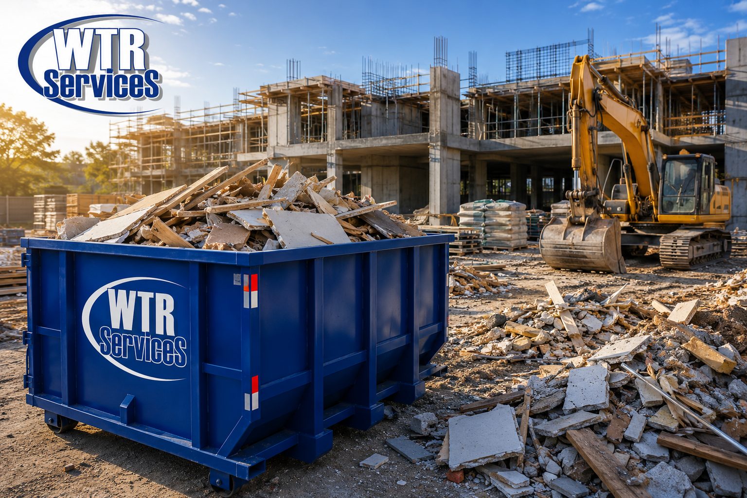 Blue WTR Services dumpster loaded with lumber and drywall scraps at an active construction site
