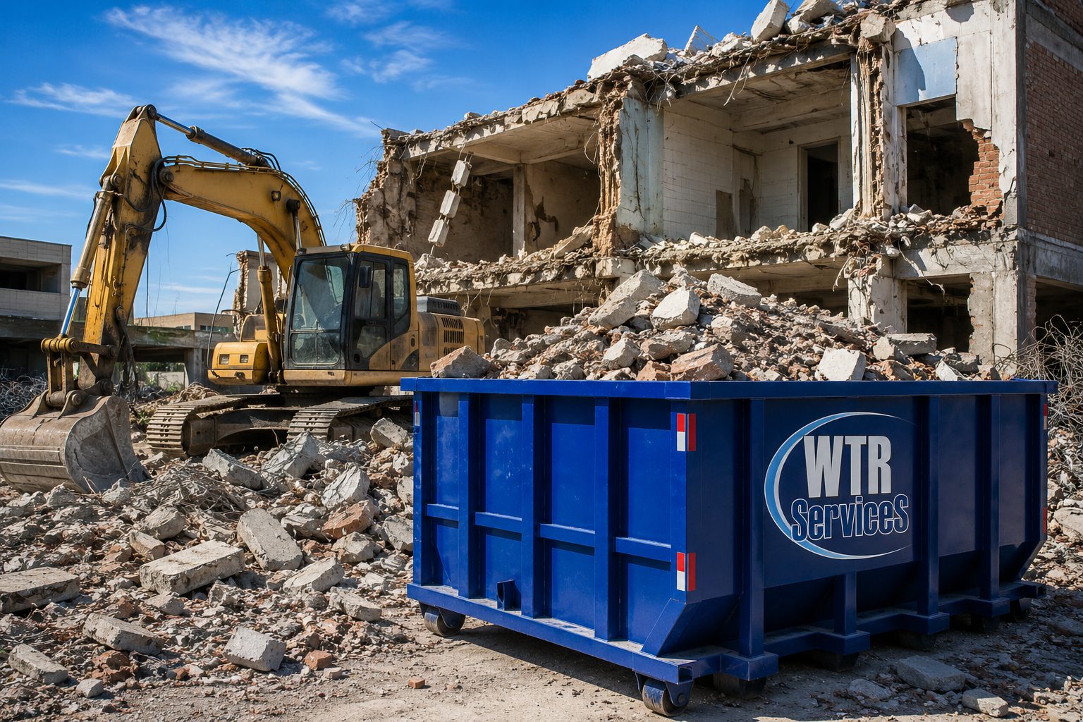 Blue WTR Services roll-off dumpster at a demolition site with an excavator and concrete debris