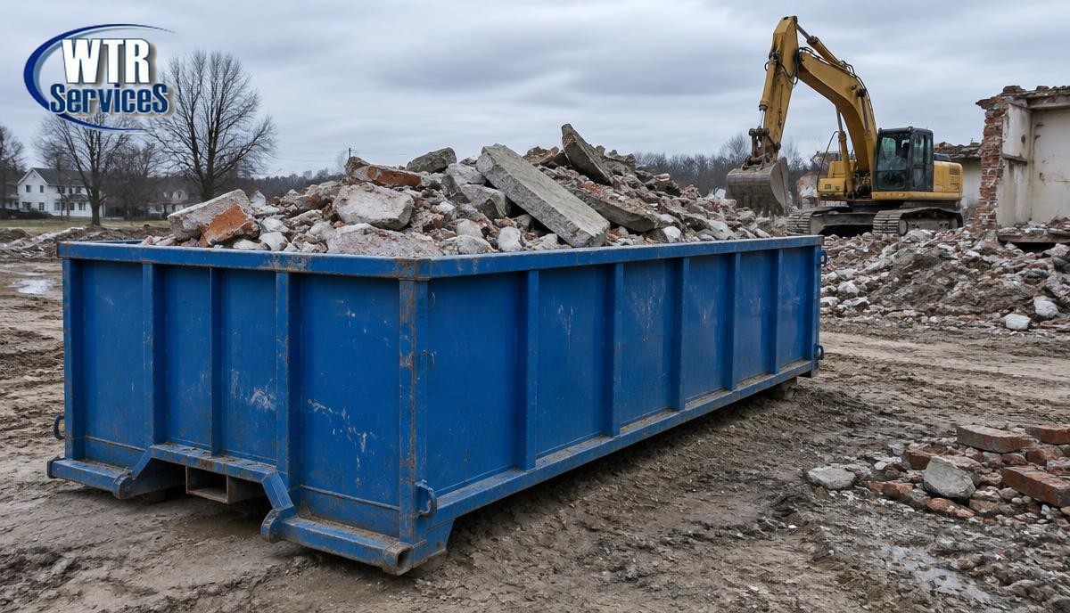Blue WTR Services roll-off dumpster filled with concrete and brick rubble on a demolition site with an excavator