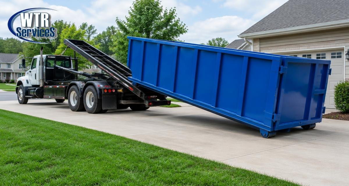 Blue roll-off dumpster being lowered from a delivery truck onto a suburban home driveway
