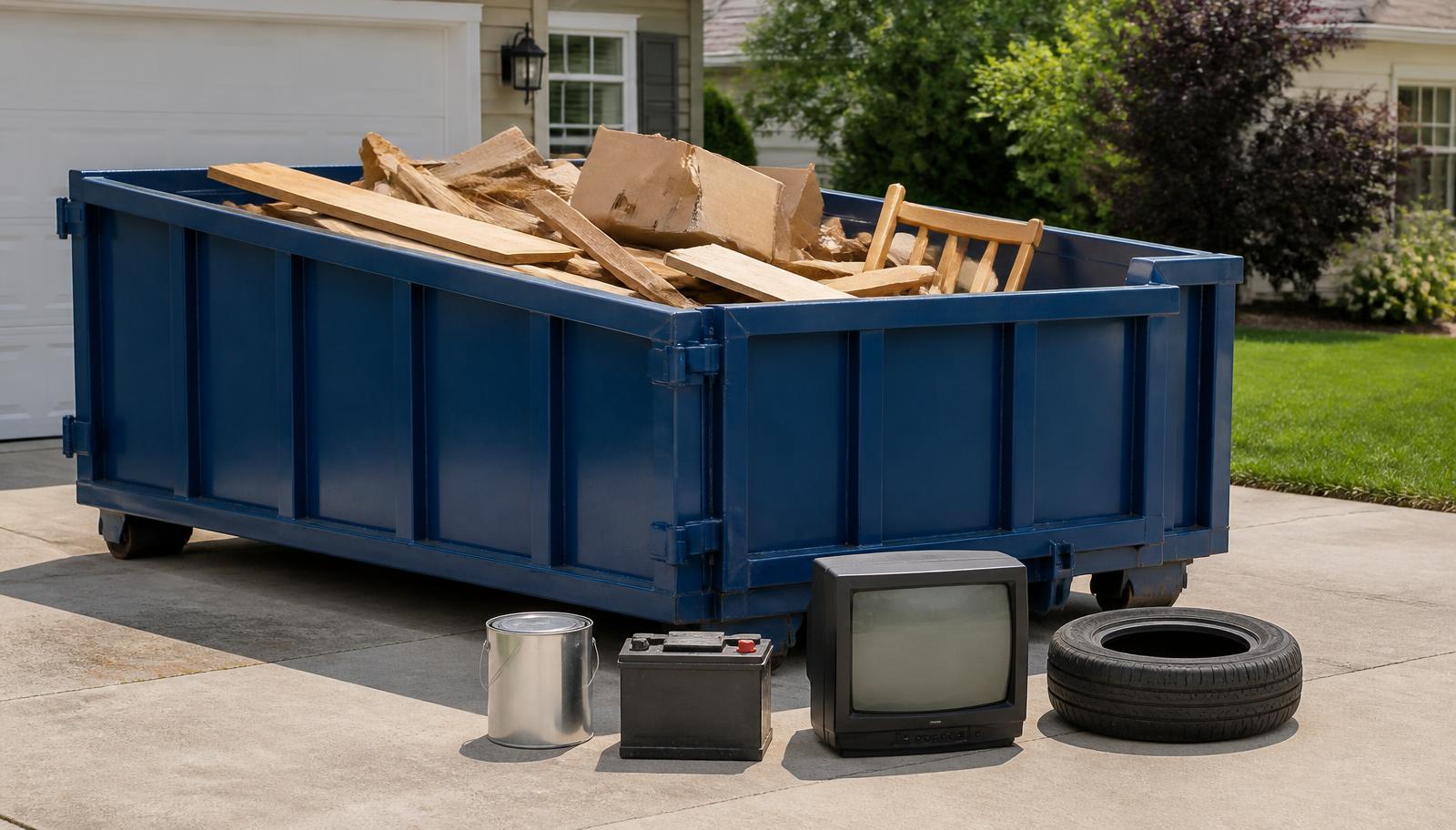 Blue roll-off dumpster with accepted renovation debris while paint, a battery, television, and tire remain outside for separate disposal