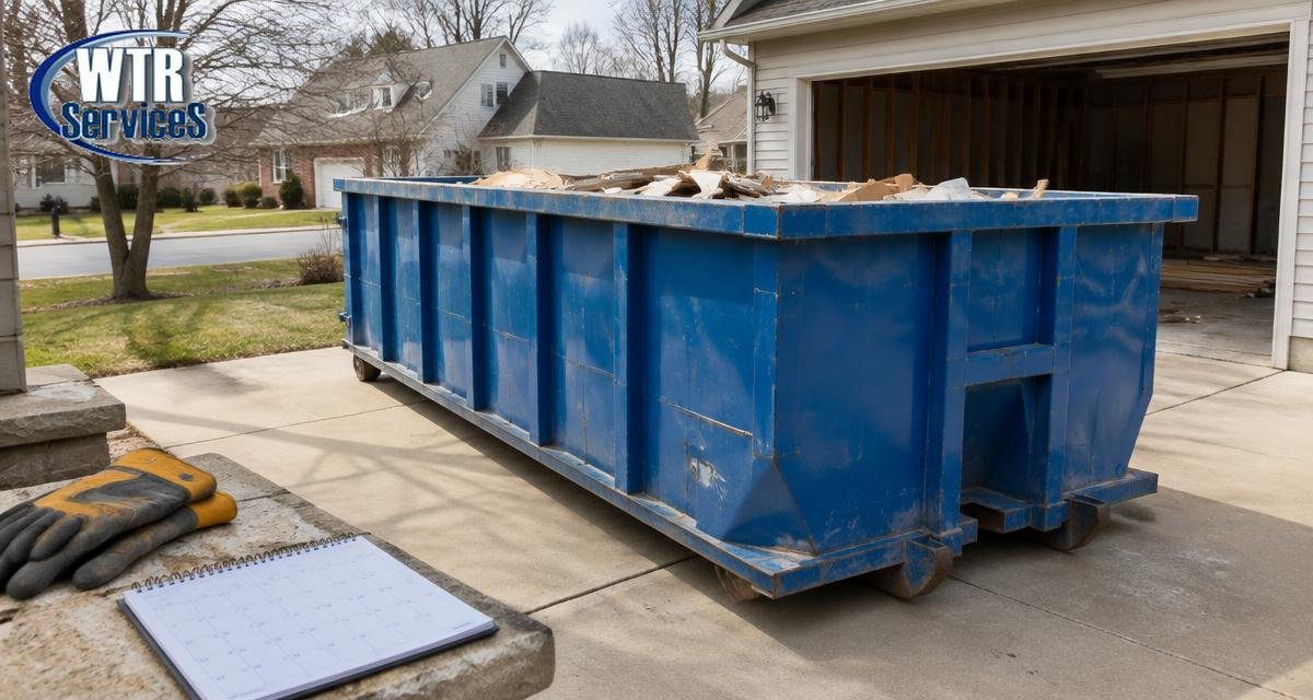 Blue roll-off dumpster in a suburban driveway during a renovation, with a project calendar and work gloves nearby