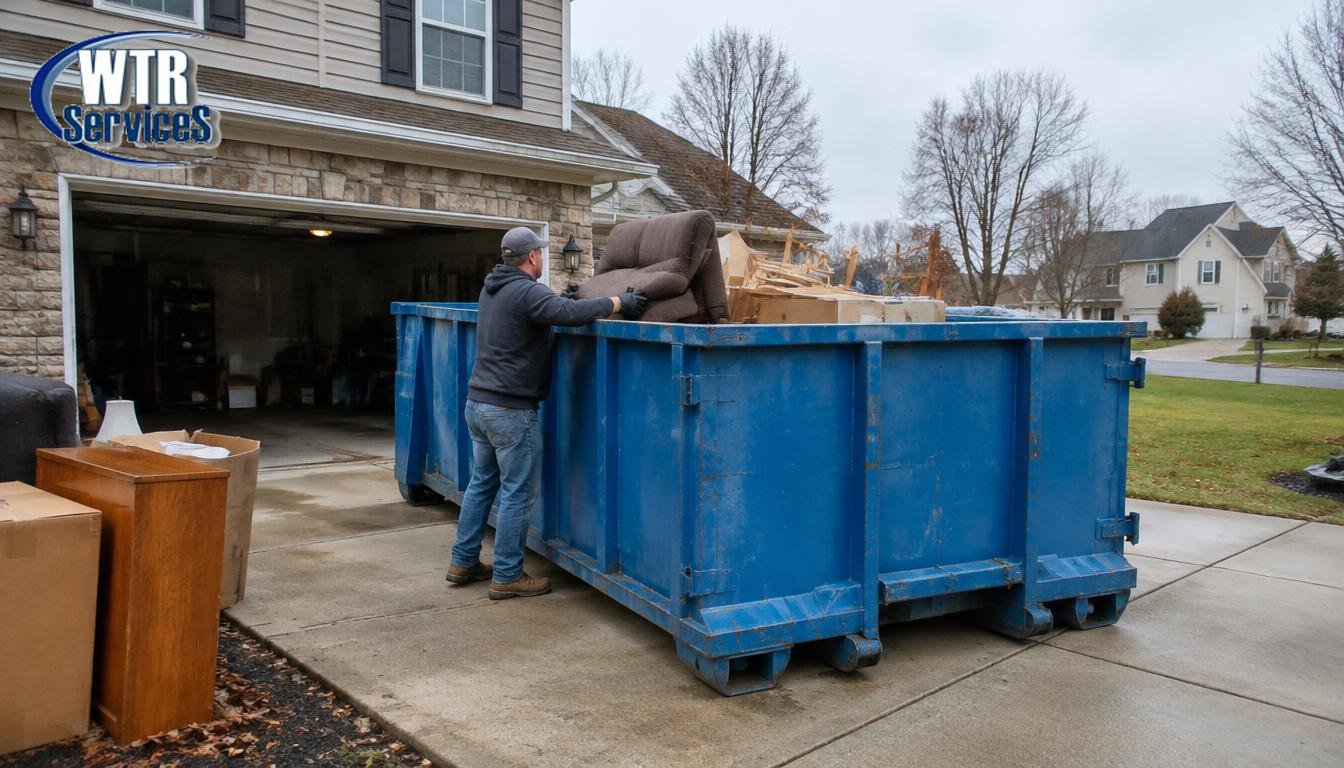 Blue WTR Services roll-off dumpster on a suburban Northeast Ohio driveway while a homeowner loads furniture and boxes during a cleanout