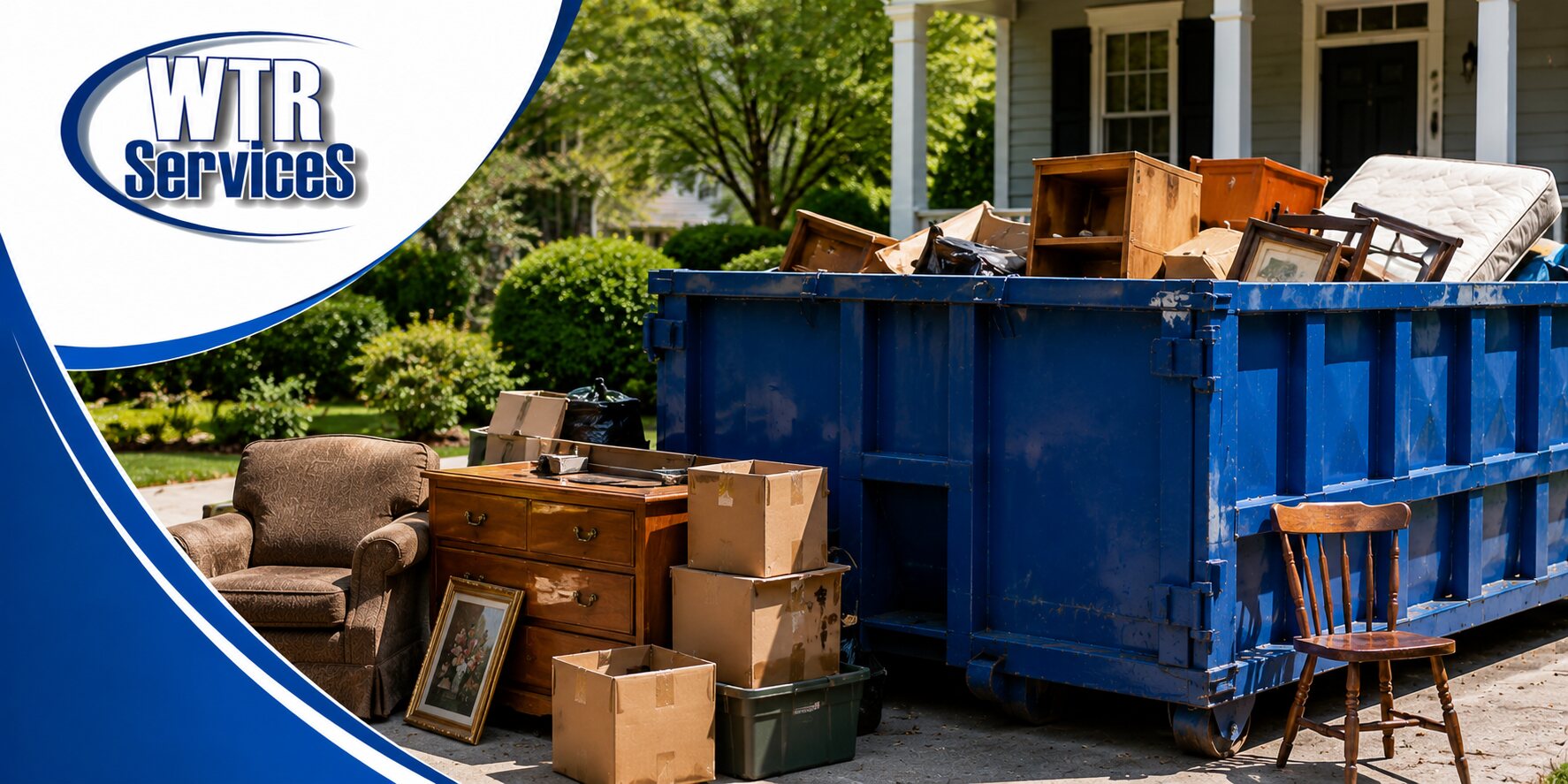 WTR-branded blue roll-off dumpster beside furniture and boxes during an Ohio estate cleanout