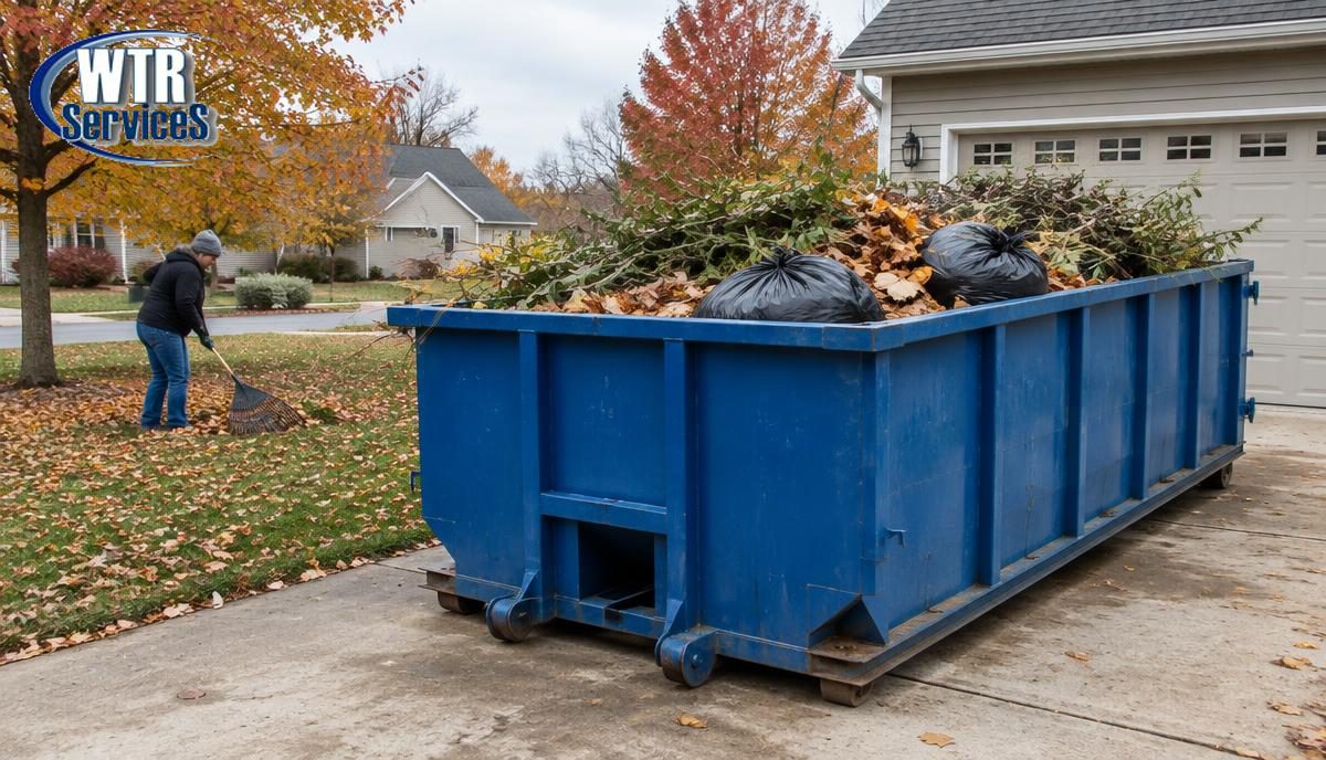 Blue WTR Services roll-off dumpster in a suburban driveway filled with branches and bags of leaves while a homeowner rakes fallen leaves nearby in autumn