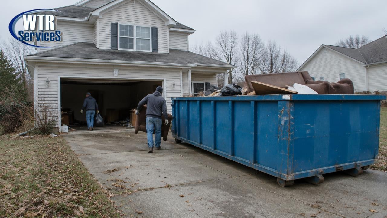 Blue WTR Services roll-off dumpster in the driveway of a foreclosed suburban home while workers carry out furniture and junk