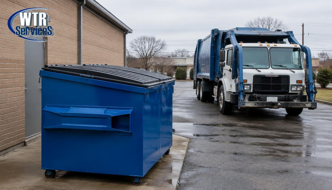 Blue front load commercial dumpster behind a retail business with a front-loading collection truck in Northeast Ohio