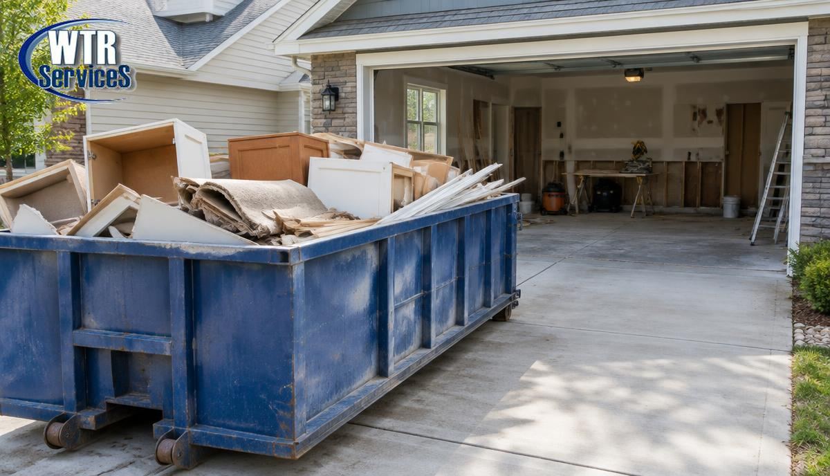 Blue WTR Services roll-off dumpster in a residential driveway filled with old cabinets, shelving, carpet, and drywall during a garage renovation