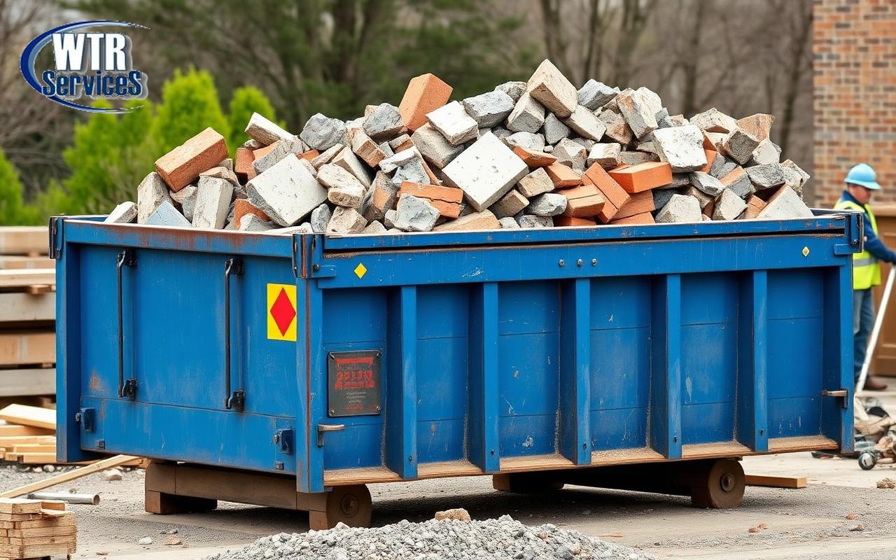 Heavy duty blue dumpster loaded with concrete and brick debris on an Ohio contractor job site