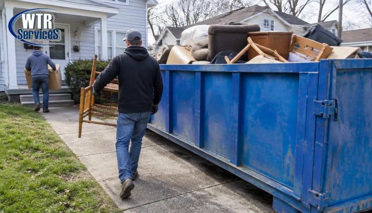 Blue WTR Services roll-off dumpster in a residential driveway being loaded with old furniture and boxes during a hoarder house cleanout