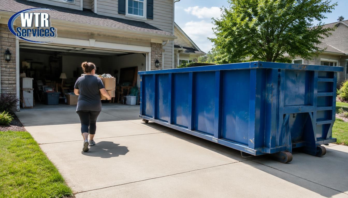 Blue roll-off dumpster on a residential driveway during a home cleanout in Northeast Ohio