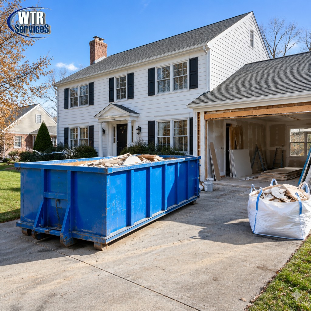 Blue roll-off dumpster on the driveway of a home undergoing renovation in Northeast Ohio