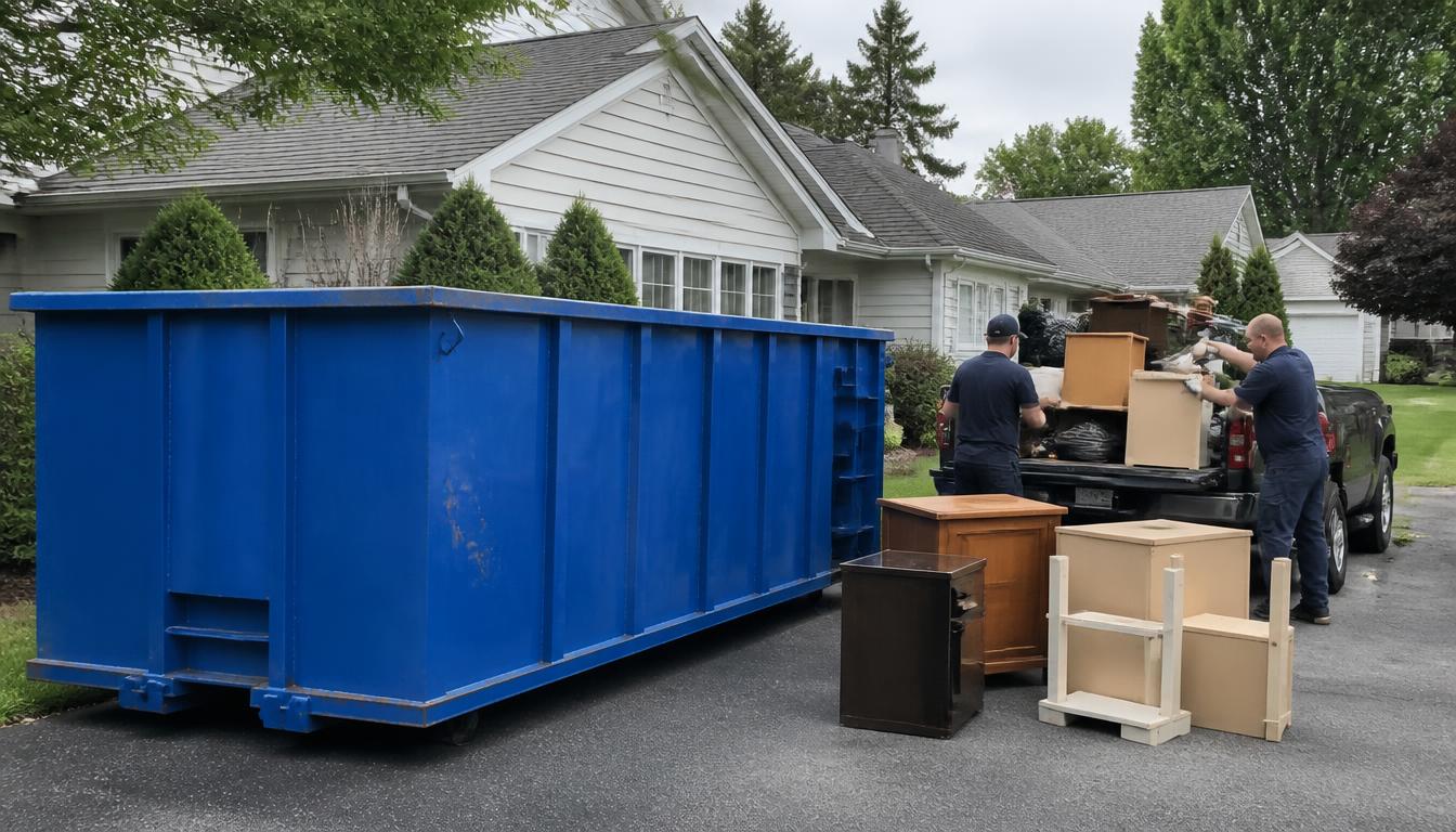 Blue roll-off dumpster beside a pickup truck loaded with furniture and household junk during a Northeast Ohio cleanout