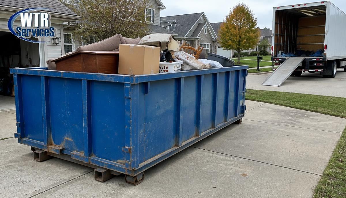 Blue WTR Services roll-off dumpster in a suburban driveway loaded with old furniture and moving boxes, with a moving truck in the background