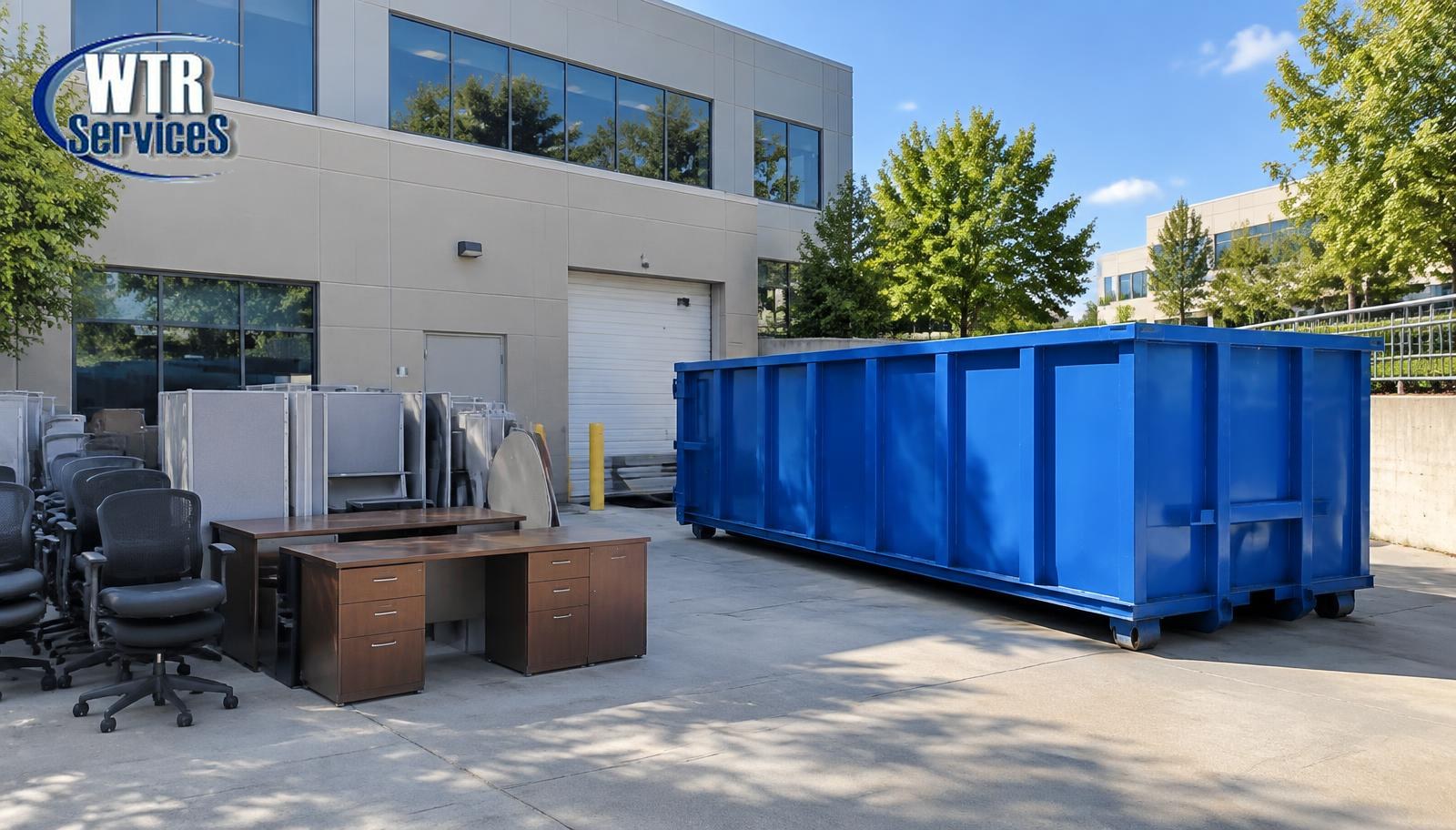Blue WTR Services roll-off dumpster next to staged office furniture behind a commercial office building in Northeast Ohio