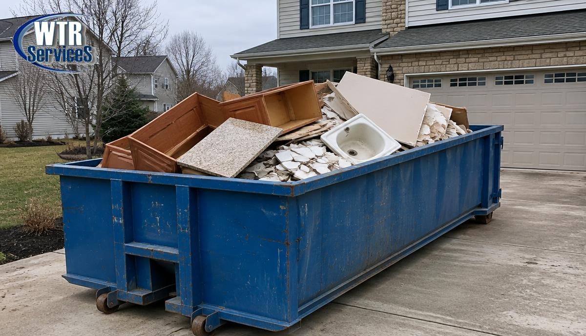 Blue WTR Services roll-off dumpster in a suburban driveway filled with old kitchen cabinets, a countertop, broken tile, drywall, and a sink from a remodeling project