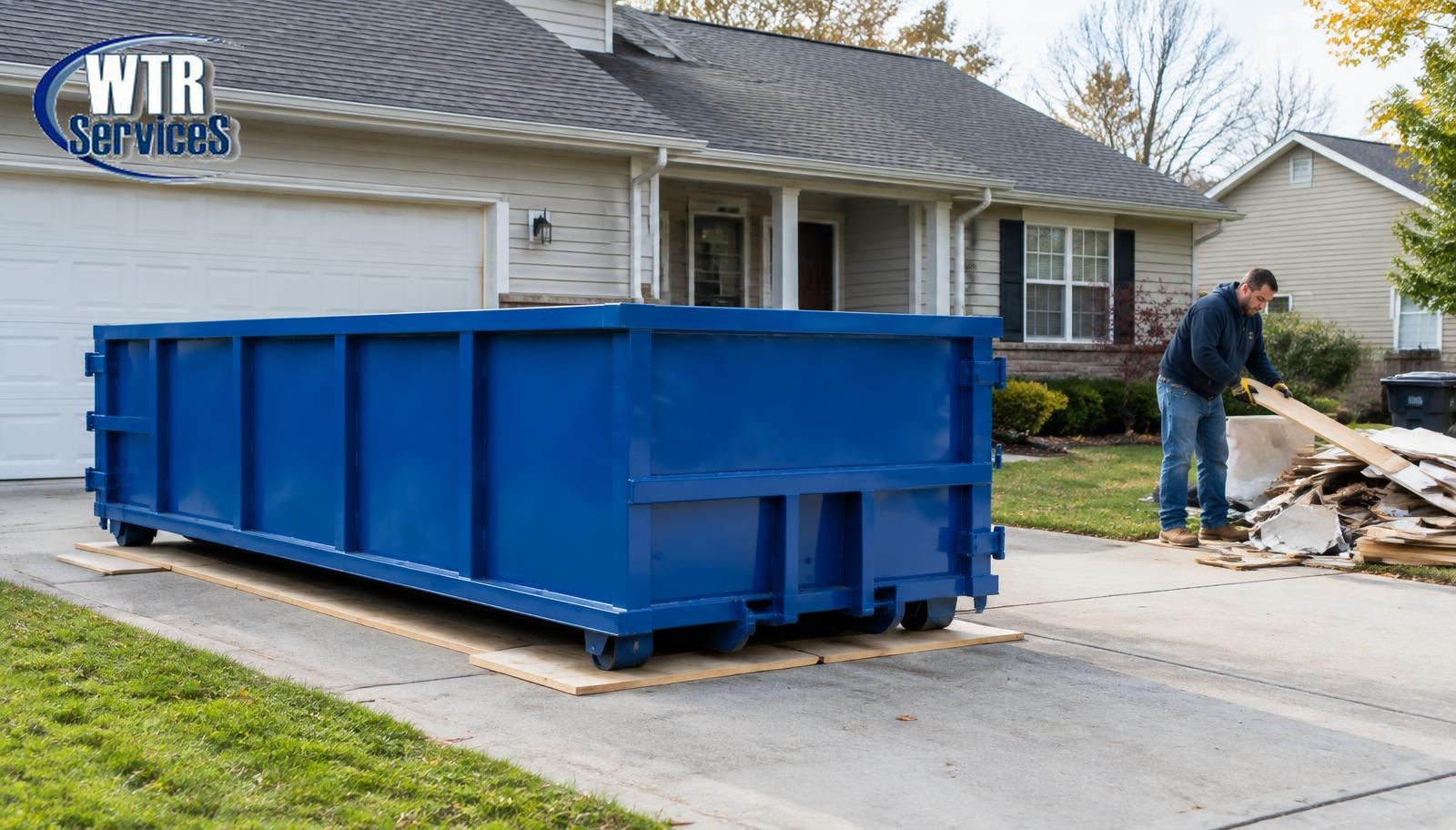 Blue residential roll-off dumpster placed on protective boards in a Northeast Ohio driveway beside renovation debris