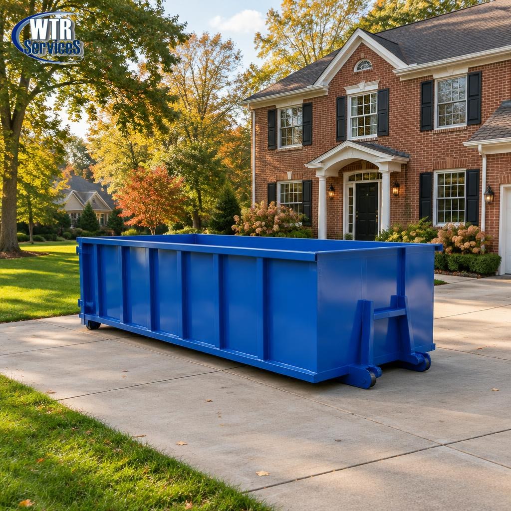 Blue residential roll-off dumpster delivered on a brick home driveway in Northeast Ohio