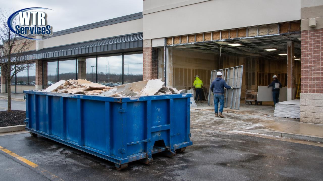 Blue WTR Services roll-off dumpster behind a retail store during a renovation, with workers carrying out shelving and drywall debris