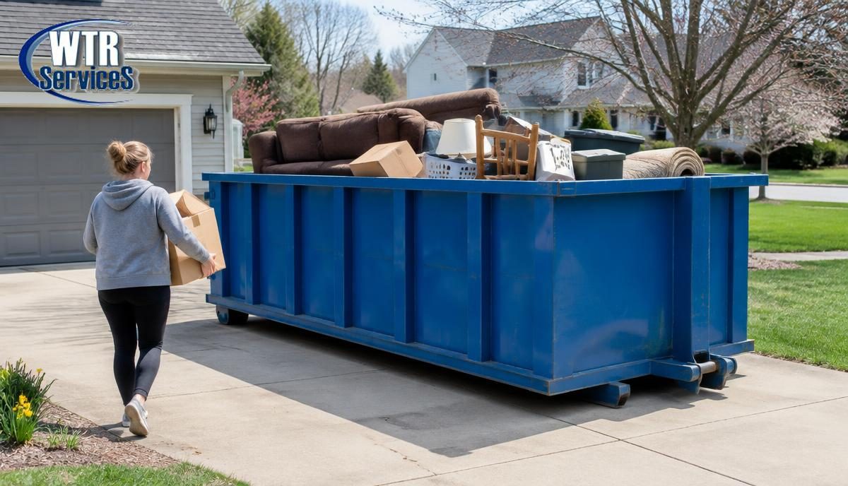 Blue WTR Services roll-off dumpster in a suburban driveway filled with old furniture and boxes while a homeowner carries another box toward it during spring cleaning