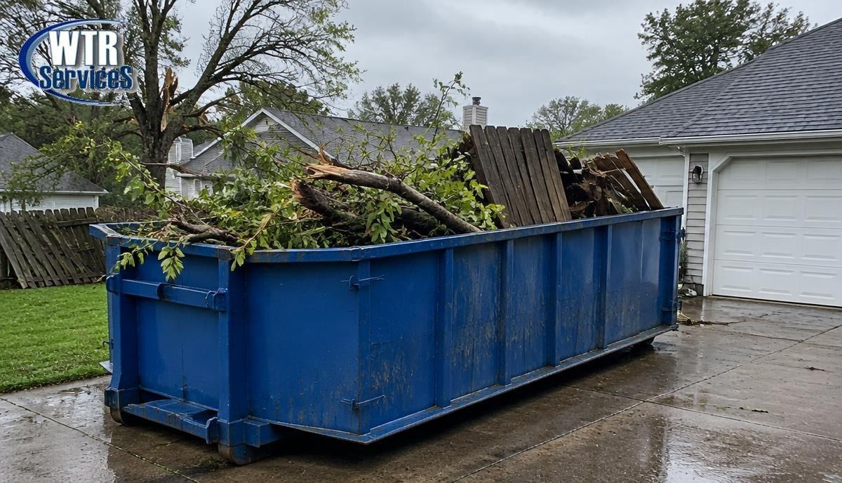 Blue WTR Services roll-off dumpster in a residential driveway loaded with fallen tree branches and storm-damaged fencing after severe weather
