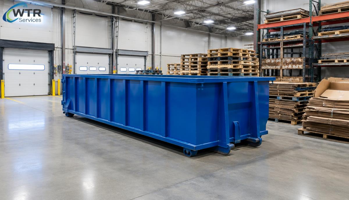 Blue WTR Services roll-off dumpster inside a warehouse loading dock with stacked pallets and shelving in Northeast Ohio