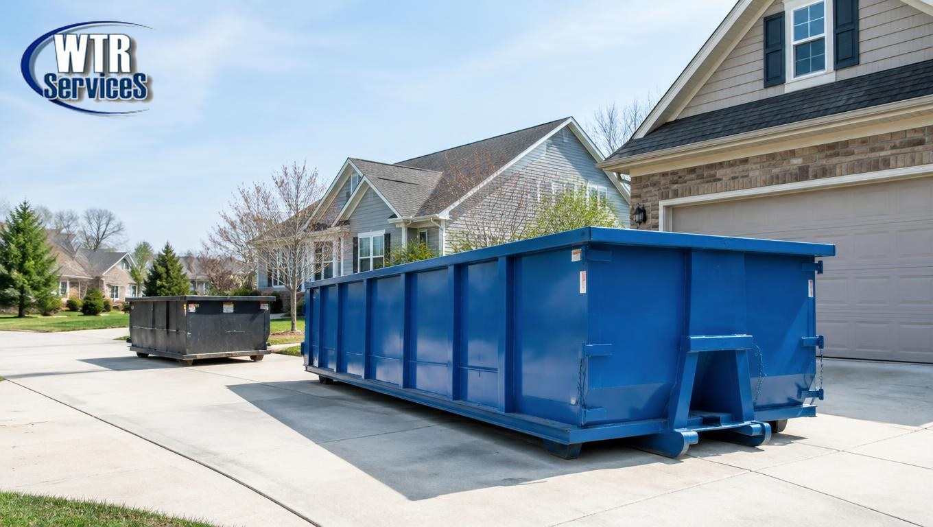 Blue WTR Services roll-off dumpster delivered to a residential driveway in Northeast Ohio