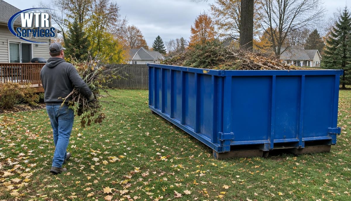 Blue WTR Services roll-off dumpster in a backyard filled with tree branches and brush while a homeowner carries more debris toward it
